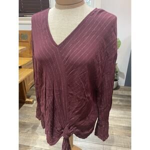 Y2K Juicy Couture Women L Burgundy Wine V-Neck Blouse Silver Striped Bell Sleeve